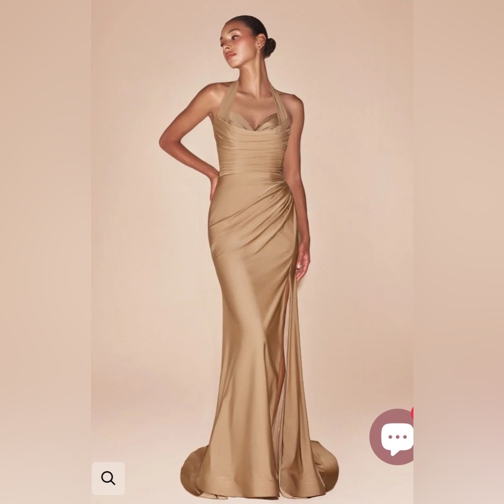 Nude Gold Halter Ruched Evening Gown - Elegant Women's Dress